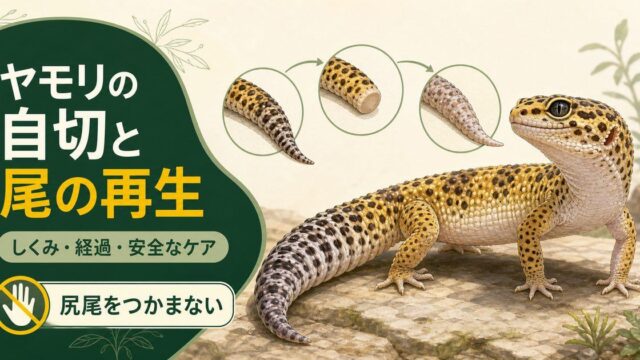 ヤモリの尾の自切から再生までのしくみと安全な自切後ケアを示す図解