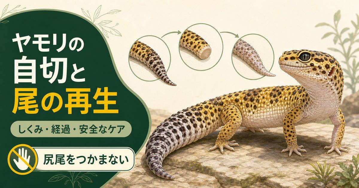 ヤモリの尾の自切から再生までのしくみと安全な自切後ケアを示す図解