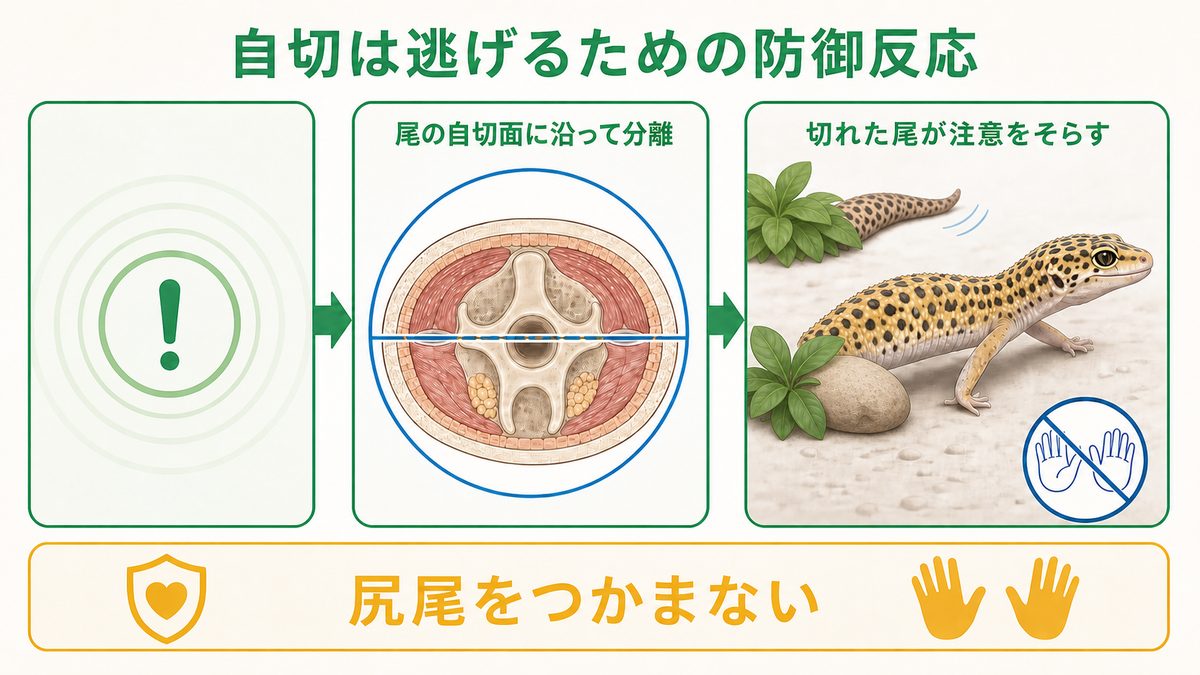 レオパが尾椎内の自切面に沿って尻尾を切り離し、注意をそらして逃げる防御反応の図解