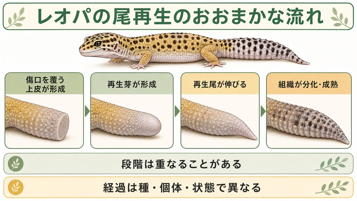 レオパの自切後に傷口を覆う上皮、再生芽、尾の伸長、組織の分化と成熟へ進む流れを示す図解