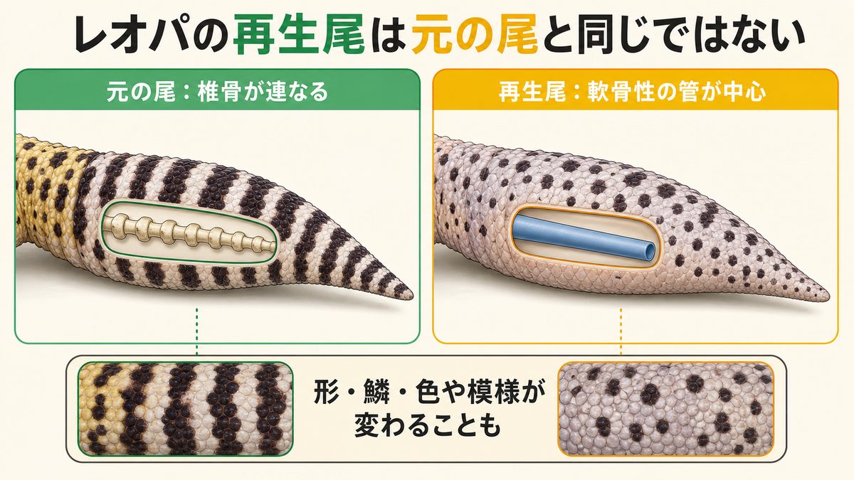 レオパの元の尾の椎骨列と、再生尾の中心を支える軟骨性の管を比較した図解