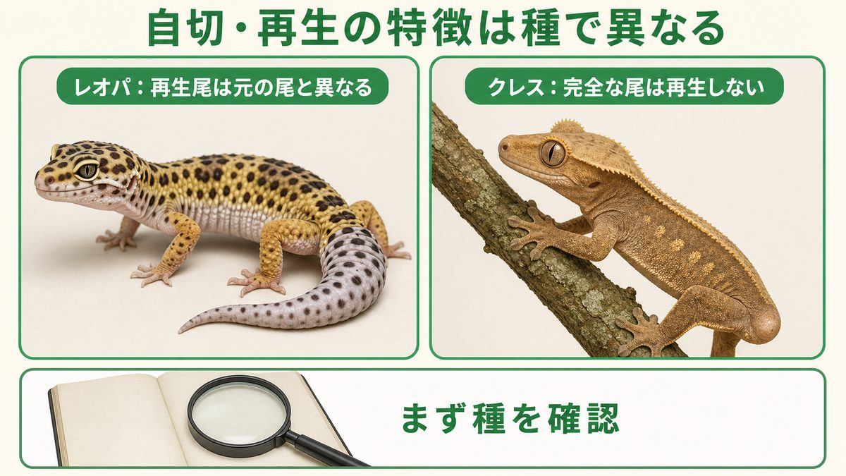 レオパの再生尾と、クレスが完全な尾を再生しない種差を示す比較図