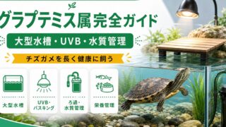 グラプテミス属（Graptemys）完全ガイド｜チズガメ・マップタートルの種類・特徴・大型水槽飼育法を属レベルで解説の要点を伝えるカメレオン・爬虫類記事アイキャッチ画像