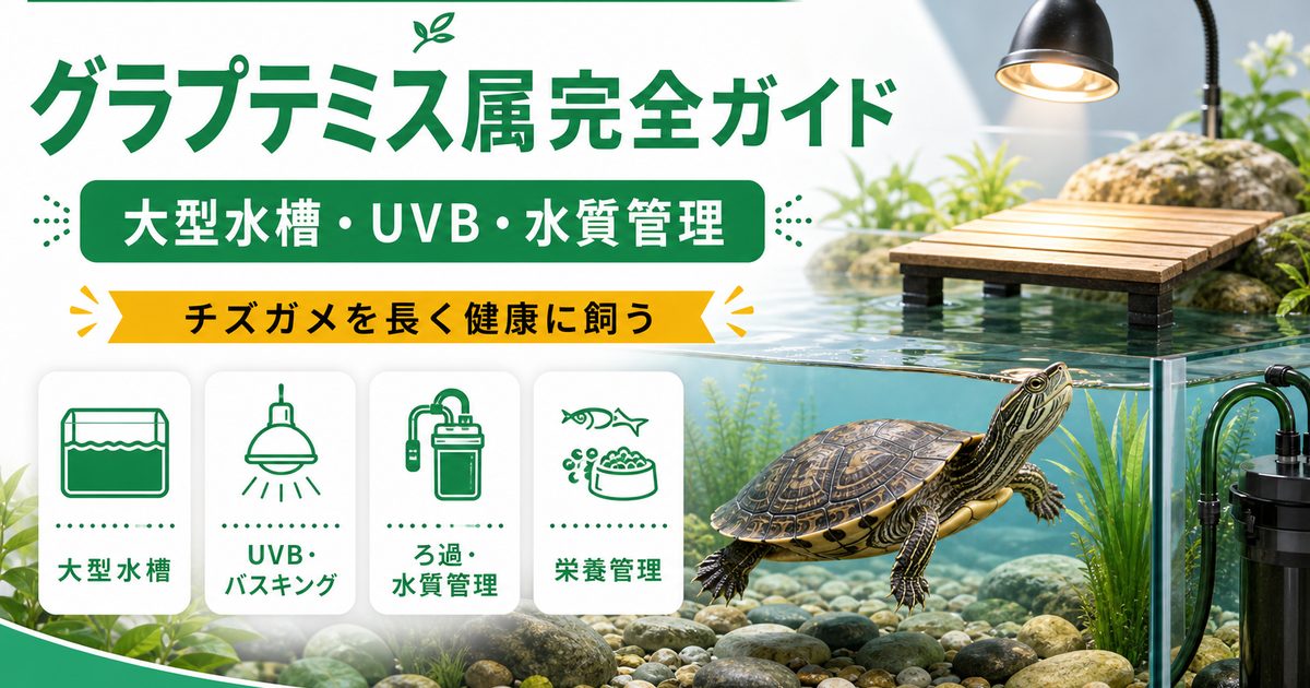 グラプテミス属（Graptemys）完全ガイド｜チズガメ・マップタートルの種類・特徴・大型水槽飼育法を属レベルで解説の要点を伝えるカメレオン・爬虫類記事アイキャッチ画像