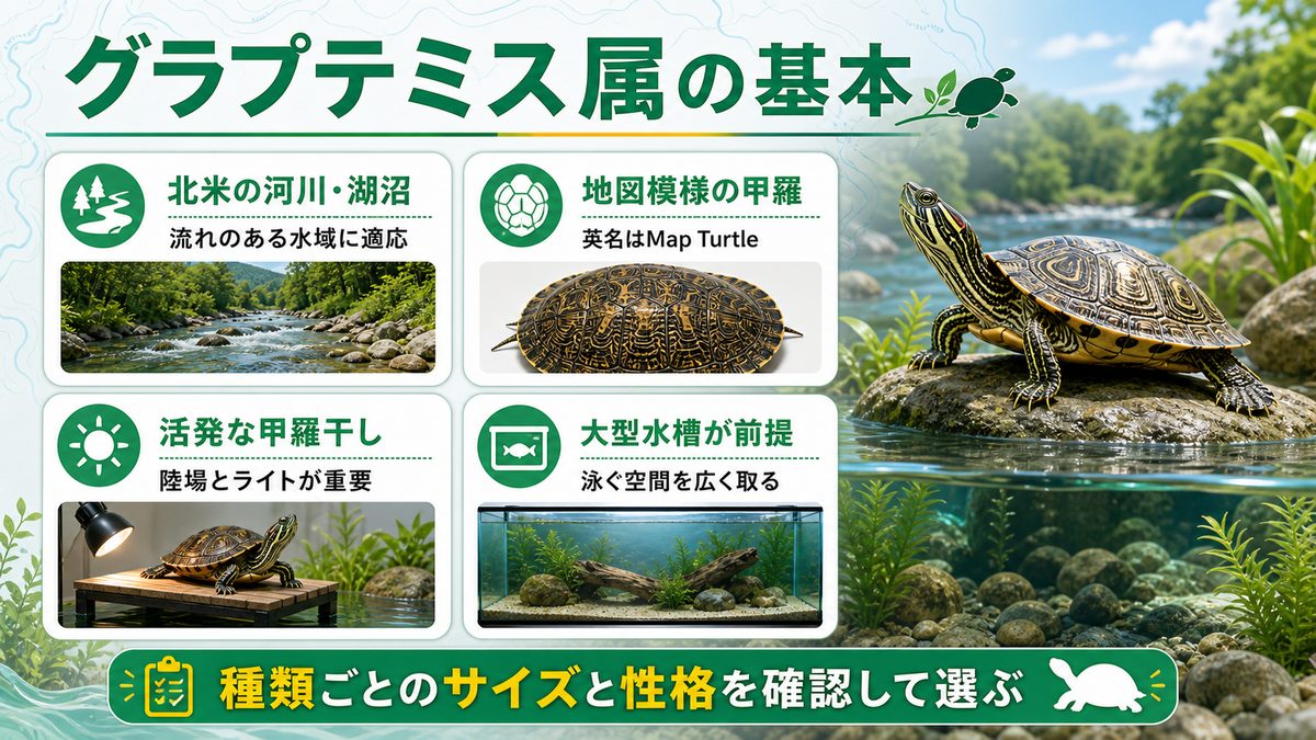 グラプテミス属の基本情報｜北米産マップタートルの素顔の要点をまとめたカメレオン・爬虫類飼育インフォグラフィック
