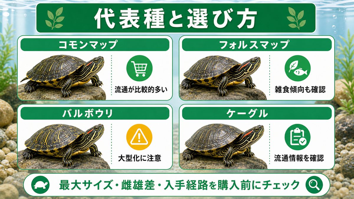 代表種の紹介と比較｜マップタートル属の顔ぶれの要点をまとめたカメレオン・爬虫類飼育インフォグラフィック