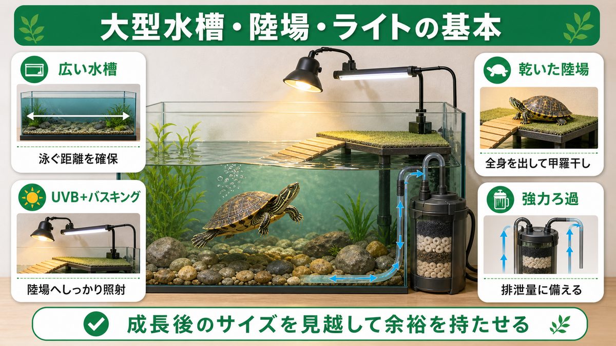飼育環境設定｜大型水槽・陸場・ライティング完全ガイドの要点をまとめたカメレオン・爬虫類飼育インフォグラフィック