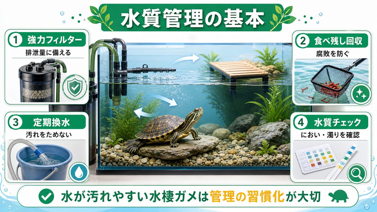 水質管理｜強力フィルターと換水で清潔な環境を維持の要点をまとめたカメレオン・爬虫類飼育インフォグラフィック