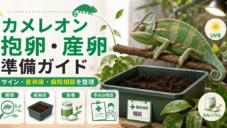 カメレオンの抱卵・妊娠サイン完全ガイド｜お腹の変化・妊娠色・産卵床の準備と卵詰まり予防の要点を伝えるカメレオン・爬虫類記事アイキャッチ画像