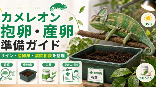 カメレオンの抱卵・妊娠サイン完全ガイド｜お腹の変化・妊娠色・産卵床の準備と卵詰まり予防の要点を伝えるカメレオン・爬虫類記事アイキャッチ画像