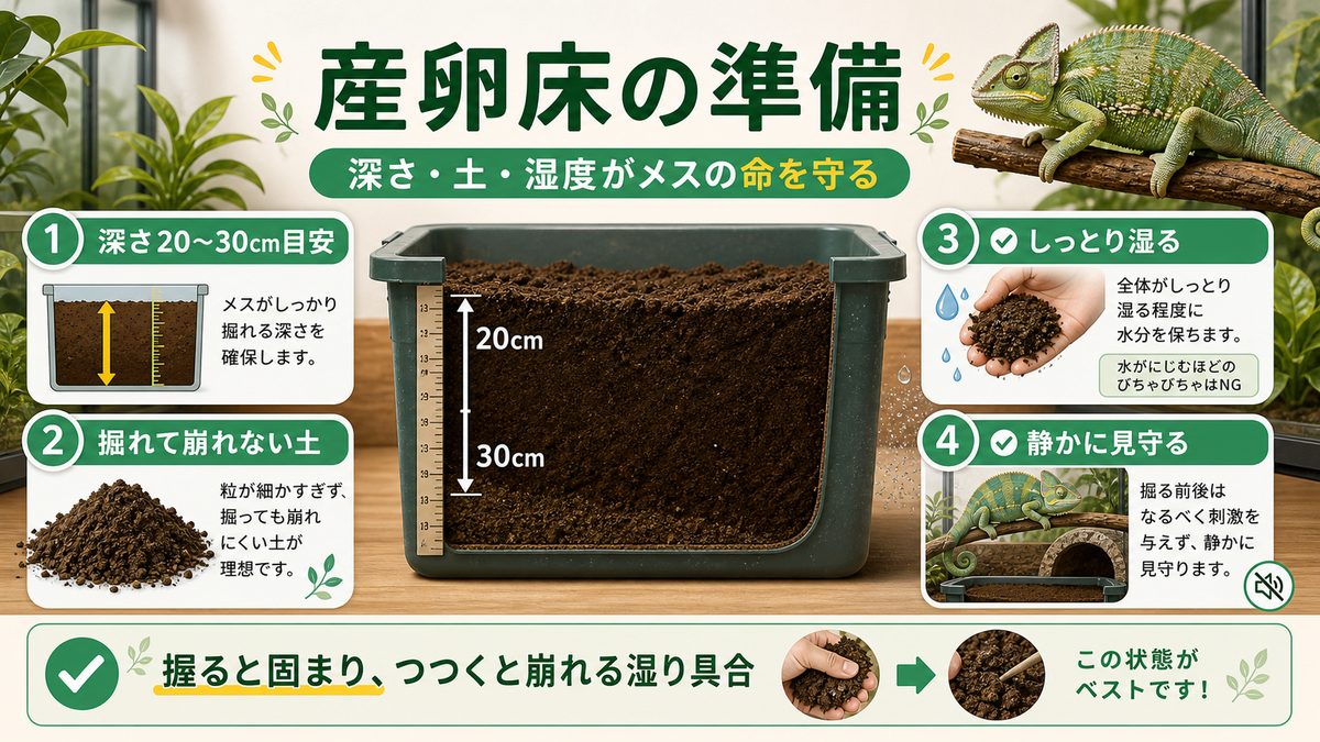 産卵床の準備|深さ・土・湿度がメスの命を守るの要点をまとめたカメレオン・爬虫類飼育インフォグラフィック