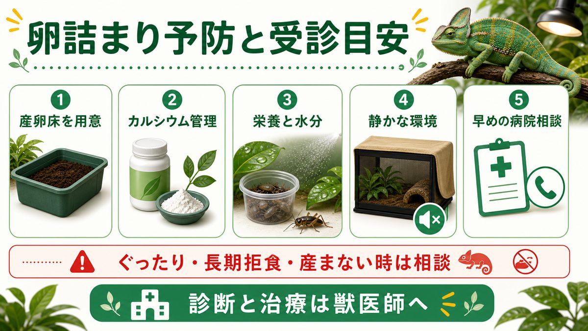 産卵前後のケアと卵詰まり(卵塞)の予防の要点をまとめたカメレオン・爬虫類飼育インフォグラフィック