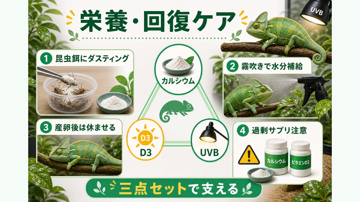 抱卵中の栄養・健康管理|カルシウムとD3・UVBが要の要点をまとめたカメレオン・爬虫類飼育インフォグラフィック