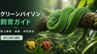 枝にサドル状で休むグリーンパイソンと飼育確認項目を描いた記事アイキャッチ