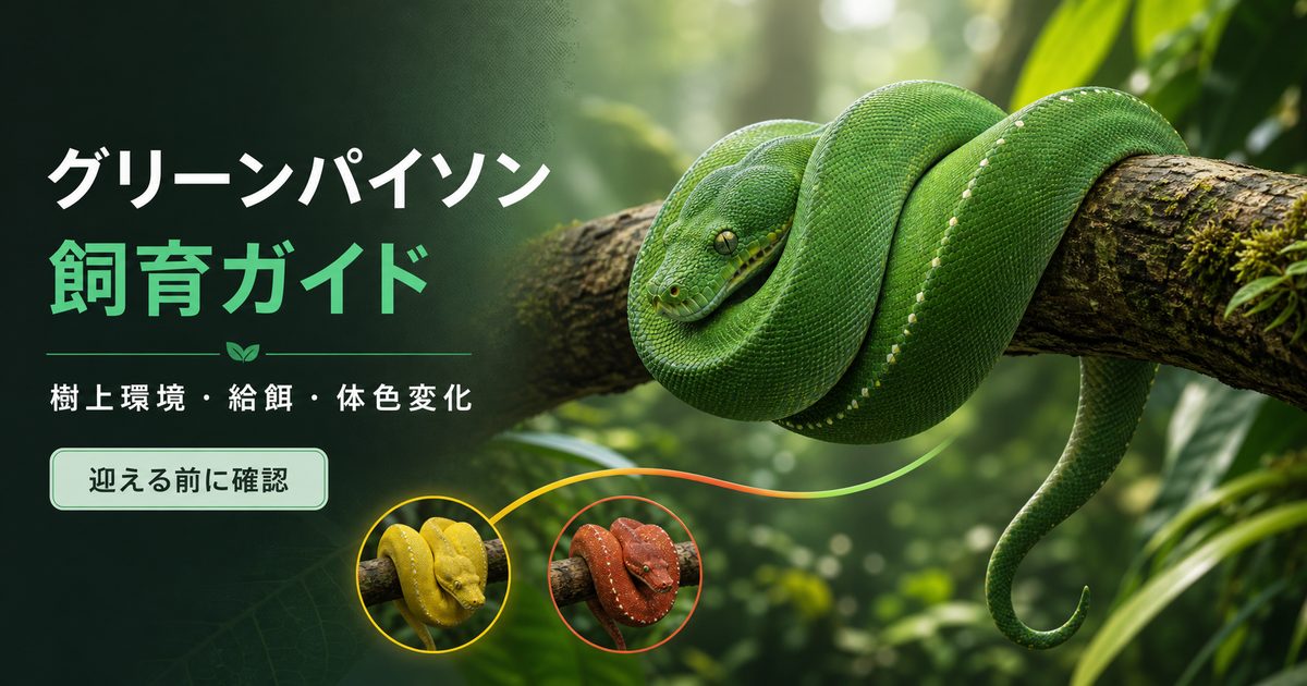 枝にサドル状で休むグリーンパイソンと飼育確認項目を描いた記事アイキャッチ