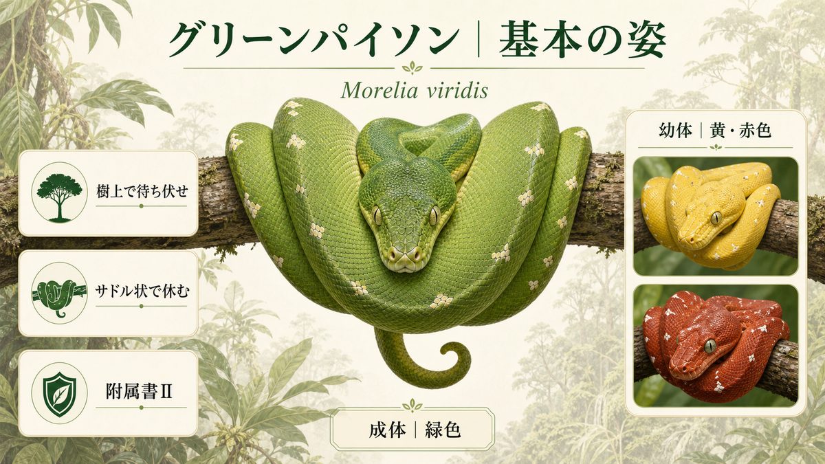 緑色の成体と黄色・赤色の幼体、樹上でのサドル状の休息姿勢を示すグリーンパイソン基本図