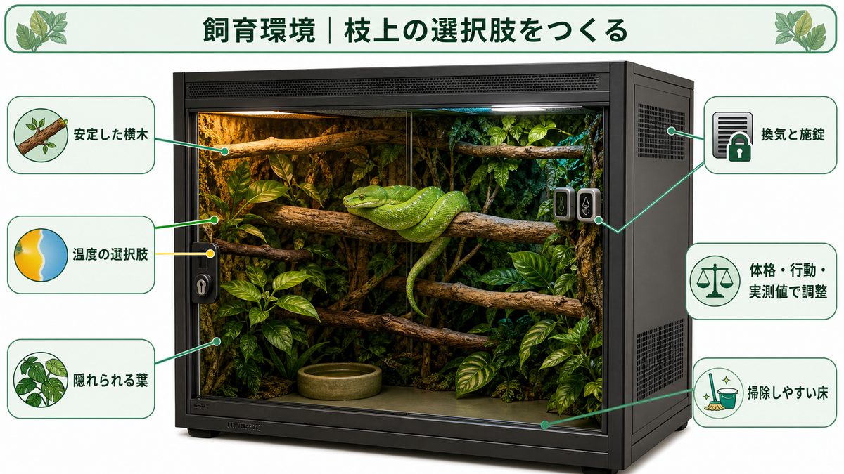 安定した横木・温度の選択肢・葉陰・換気・施錠・清掃性を示すグリーンパイソン飼育環境図