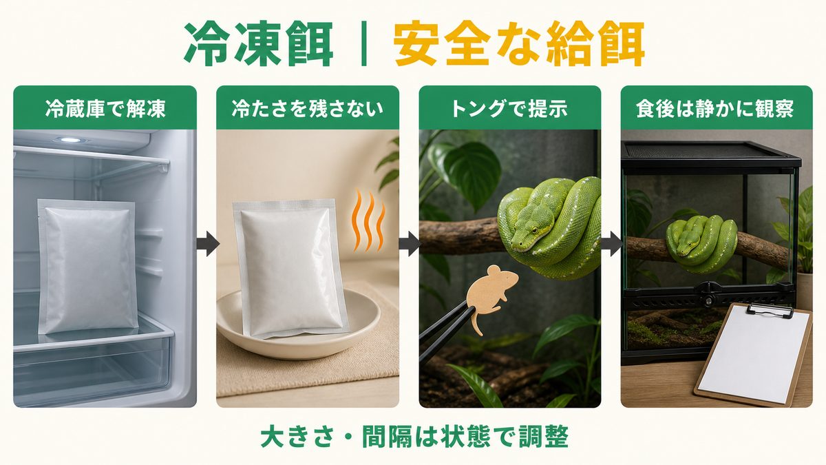 冷凍餌を冷蔵庫で解凍し、冷たさを残さずトングで提示して食後を観察する給餌手順図