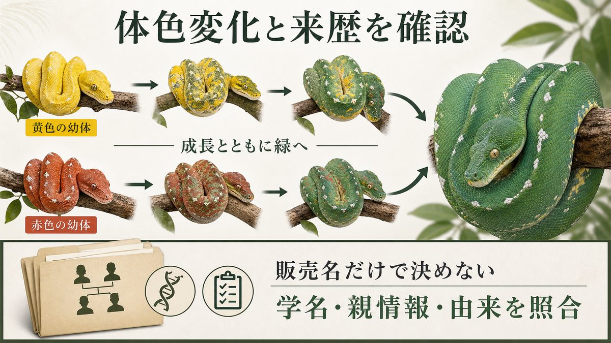 黄色・赤色の幼体から緑色の成体への体色変化と学名・親情報・由来確認を示す図