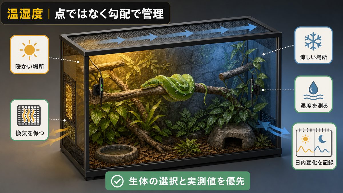 ケージ内の暖かい場所と涼しい場所、湿度測定、換気、日内変化の記録を示す温湿度管理図