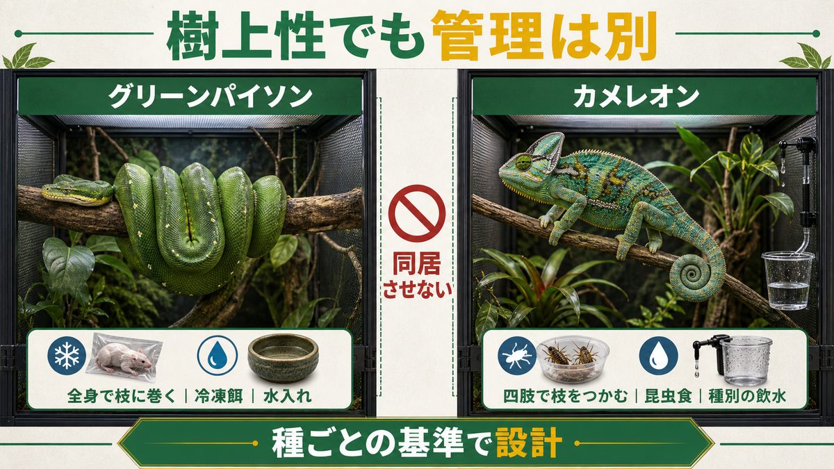 グリーンパイソンとカメレオンの枝の使い方・餌・飲水設備・別飼育を比較した図