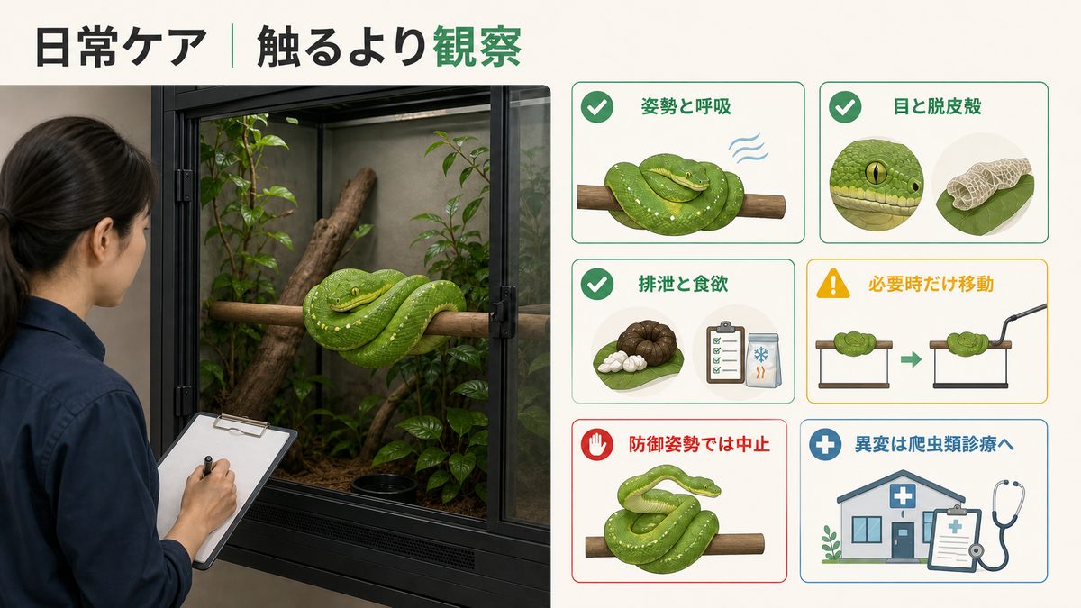 グリーンパイソンの姿勢・呼吸・目・脱皮殻・排泄・食欲を観察し必要時だけ移動する日常ケア図