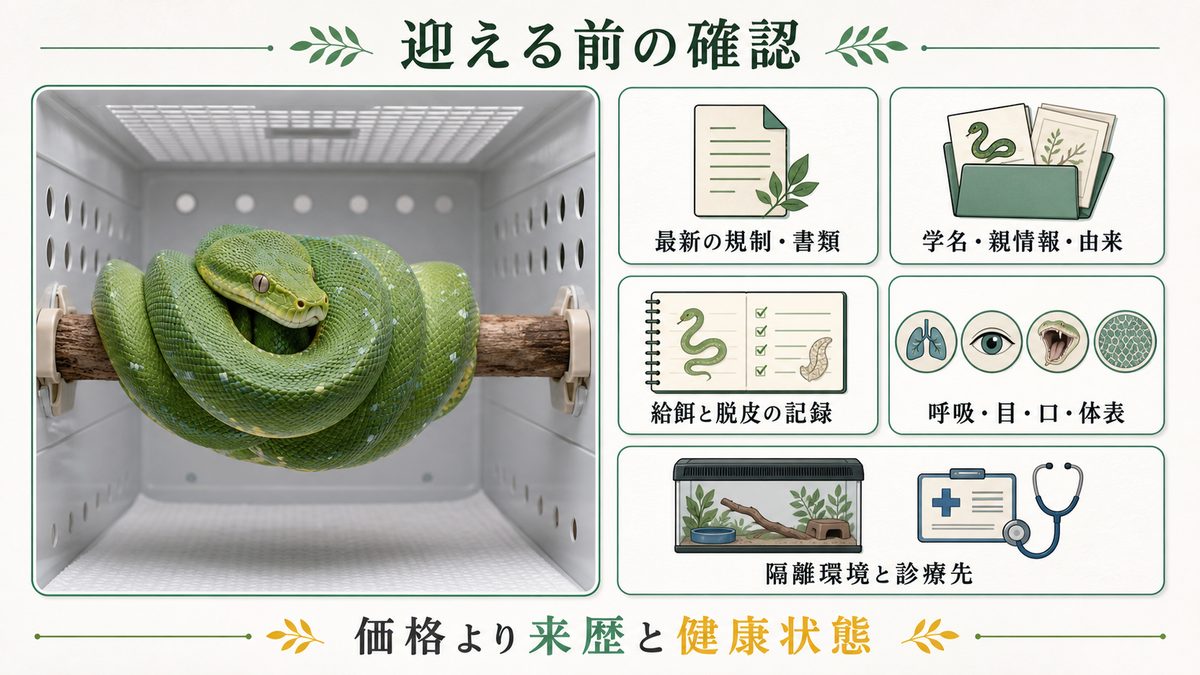 グリーンパイソンを迎える前に規制・書類・由来・給餌脱皮記録・健康・隔離・診療先を確認する図