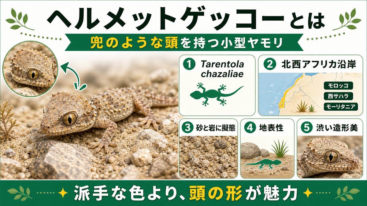 ヘルメットゲッコーとは?兜のような頭を持つ小型ヤモリの要点をまとめたカメレオン・爬虫類飼育インフォグラフィック