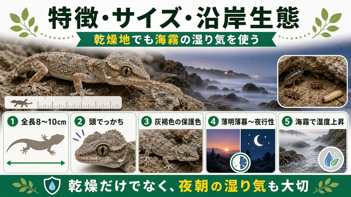 特徴・サイズ・沿岸ならではの生態の要点をまとめたカメレオン・爬虫類飼育インフォグラフィック