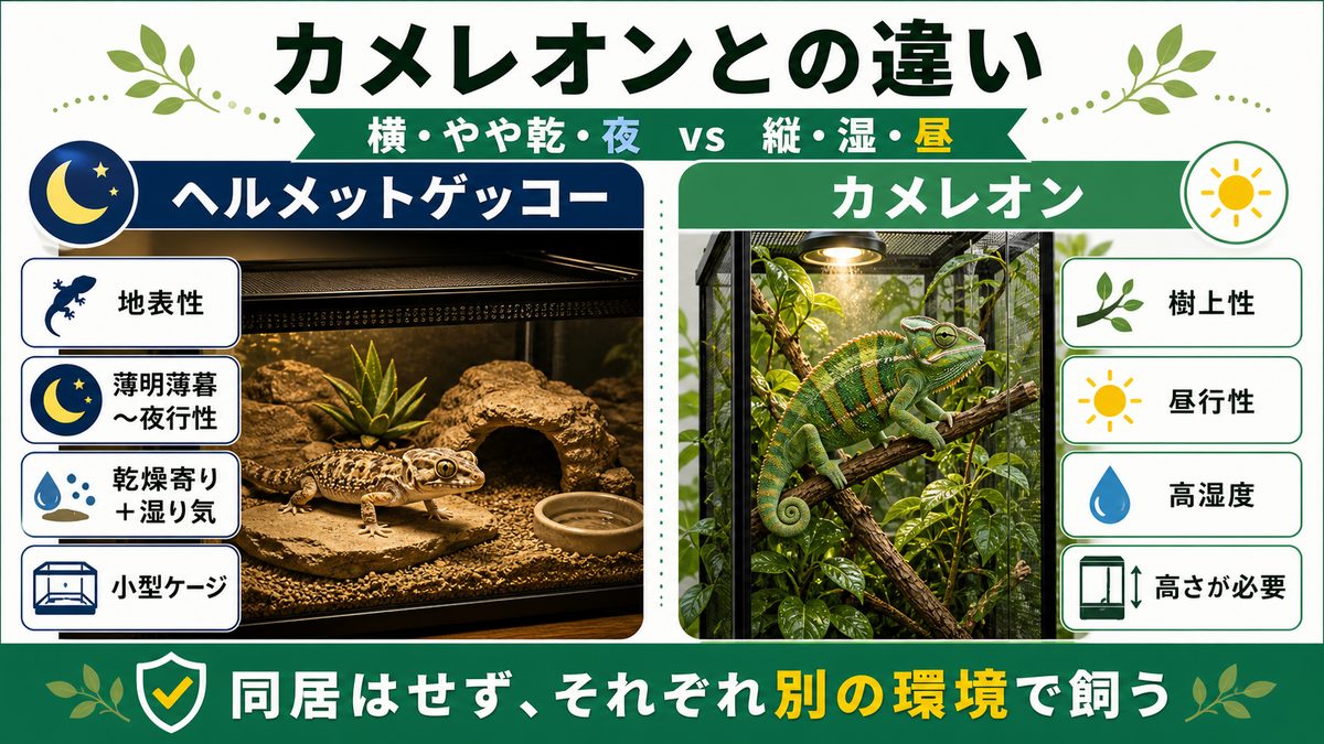 カメレオン(ぺぺ君)との違いを比べてみたの要点をまとめたカメレオン・爬虫類飼育インフォグラフィック