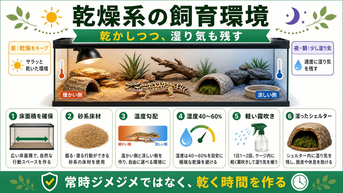 乾燥系の飼育環境をつくるの要点をまとめたカメレオン・爬虫類飼育インフォグラフィック