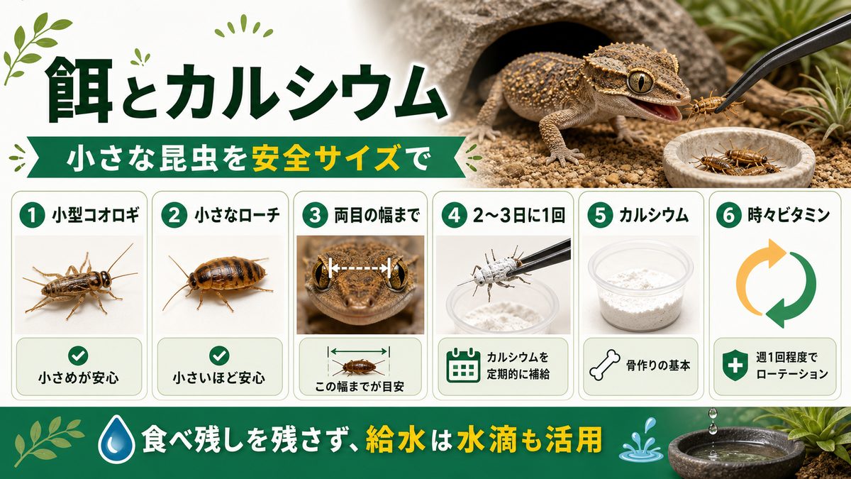 餌とカルシウムの与え方の要点をまとめたカメレオン・爬虫類飼育インフォグラフィック