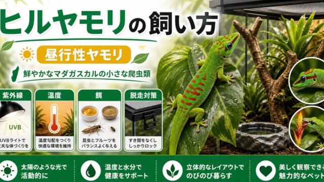 ヒルヤモリの飼い方｜昼行性ヤモリに必須の紫外線・温度・餌を徹底解説の要点を伝えるカメレオン・爬虫類記事アイキャッチ画像