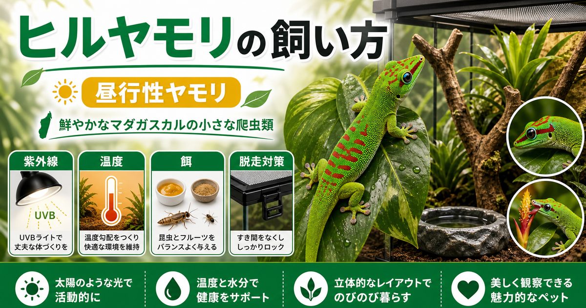 ヒルヤモリの飼い方｜昼行性ヤモリに必須の紫外線・温度・餌を徹底解説の要点を伝えるカメレオン・爬虫類記事アイキャッチ画像