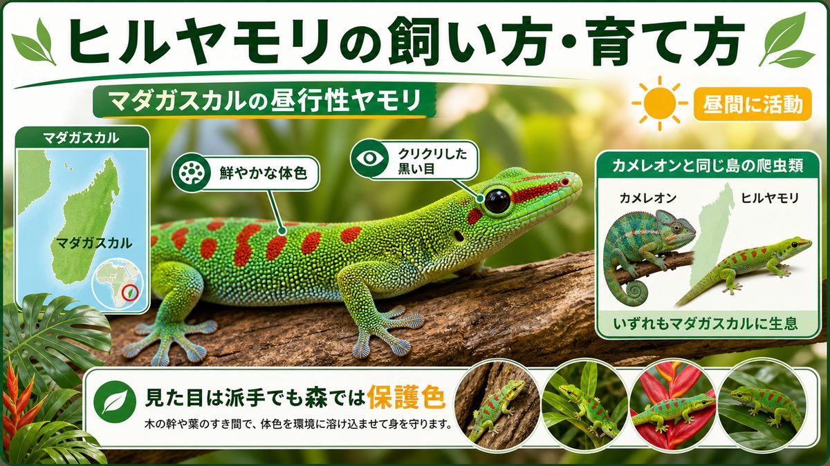ヒルヤモリの飼い方・育て方の要点をまとめたカメレオン・爬虫類飼育インフォグラフィック