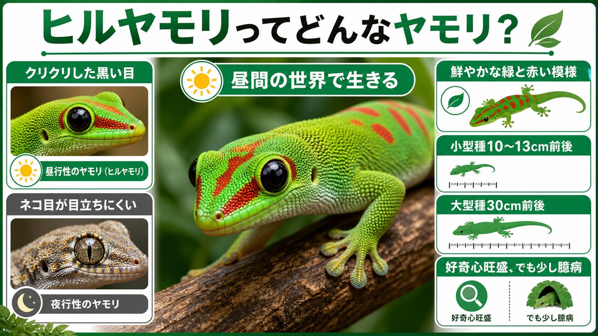 ヒルヤモリってどんなヤモリ？ヤモリらしからぬ特徴について！の要点をまとめたカメレオン・爬虫類飼育インフォグラフィック