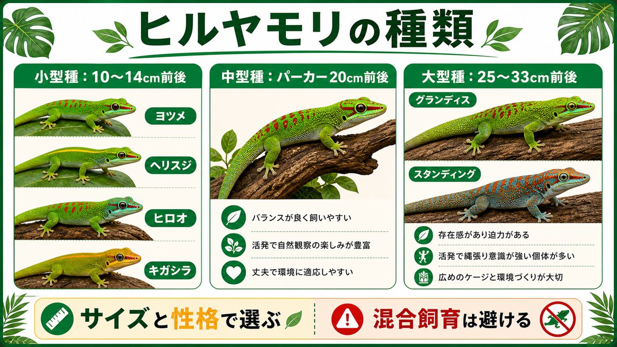 ヒルヤモリの種類についての要点をまとめたカメレオン・爬虫類飼育インフォグラフィック