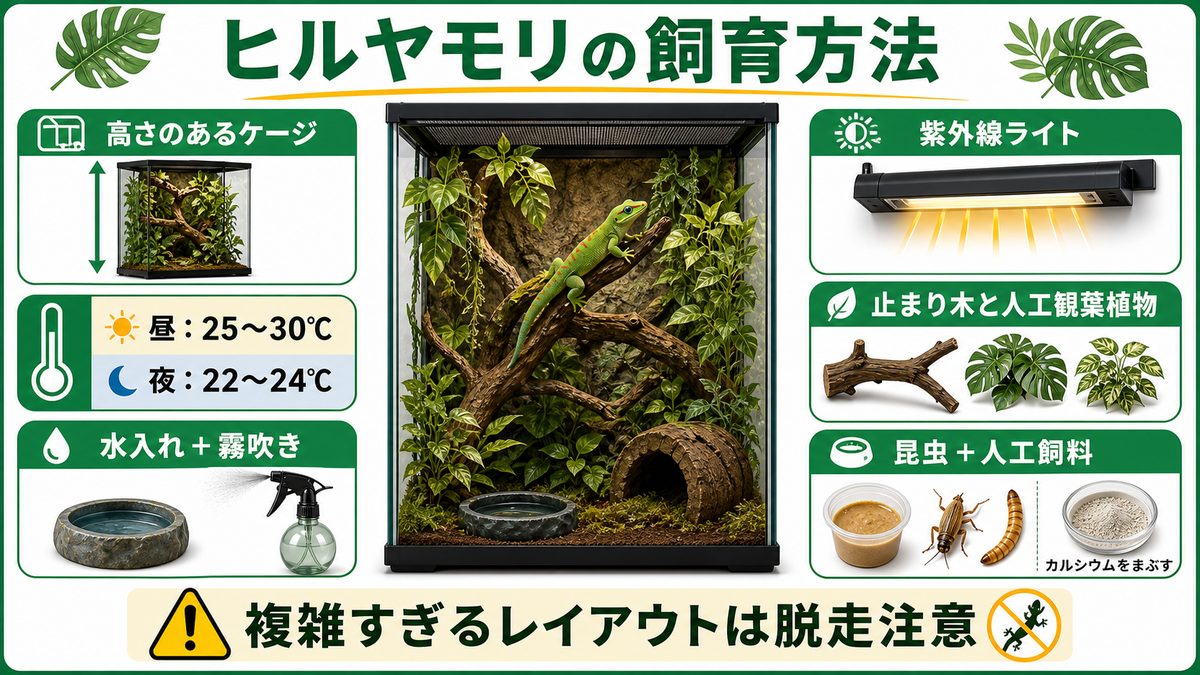 ヒルヤモリの飼育方法についての要点をまとめたカメレオン・爬虫類飼育インフォグラフィック