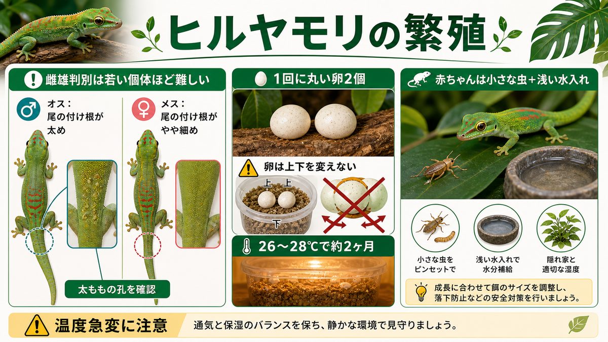 ヒルヤモリの繁殖についての要点をまとめたカメレオン・爬虫類飼育インフォグラフィック