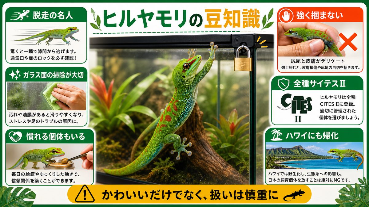 ヒルヤモリの豆知識についての要点をまとめたカメレオン・爬虫類飼育インフォグラフィック