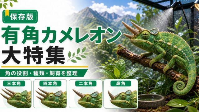 角のあるカメレオン大特集！三本角・四本角の有角種一覧と角の役割・飼育を徹底解説の要点を伝えるカメレオン・爬虫類記事アイキャッチ画像
