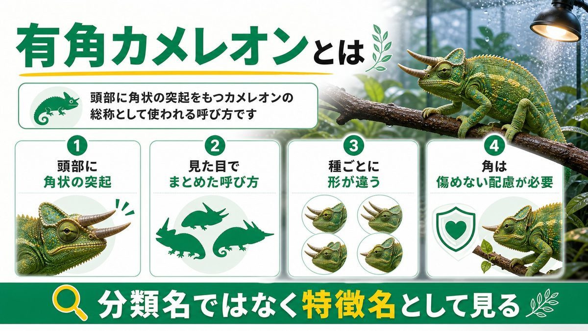 有角カメレオンとは？まずは「角の正体」を知ろうの要点をまとめたカメレオン・爬虫類飼育インフォグラフィック