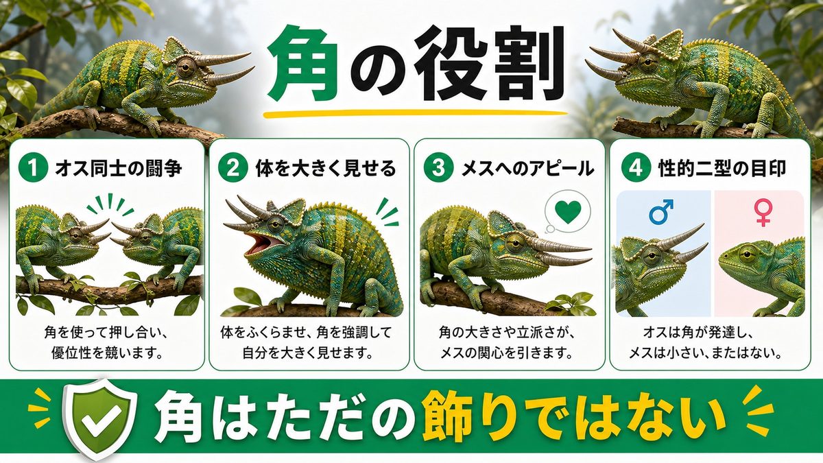 角の役割とは？闘争・ディスプレイ・性的二型の生物学の要点をまとめたカメレオン・爬虫類飼育インフォグラフィック