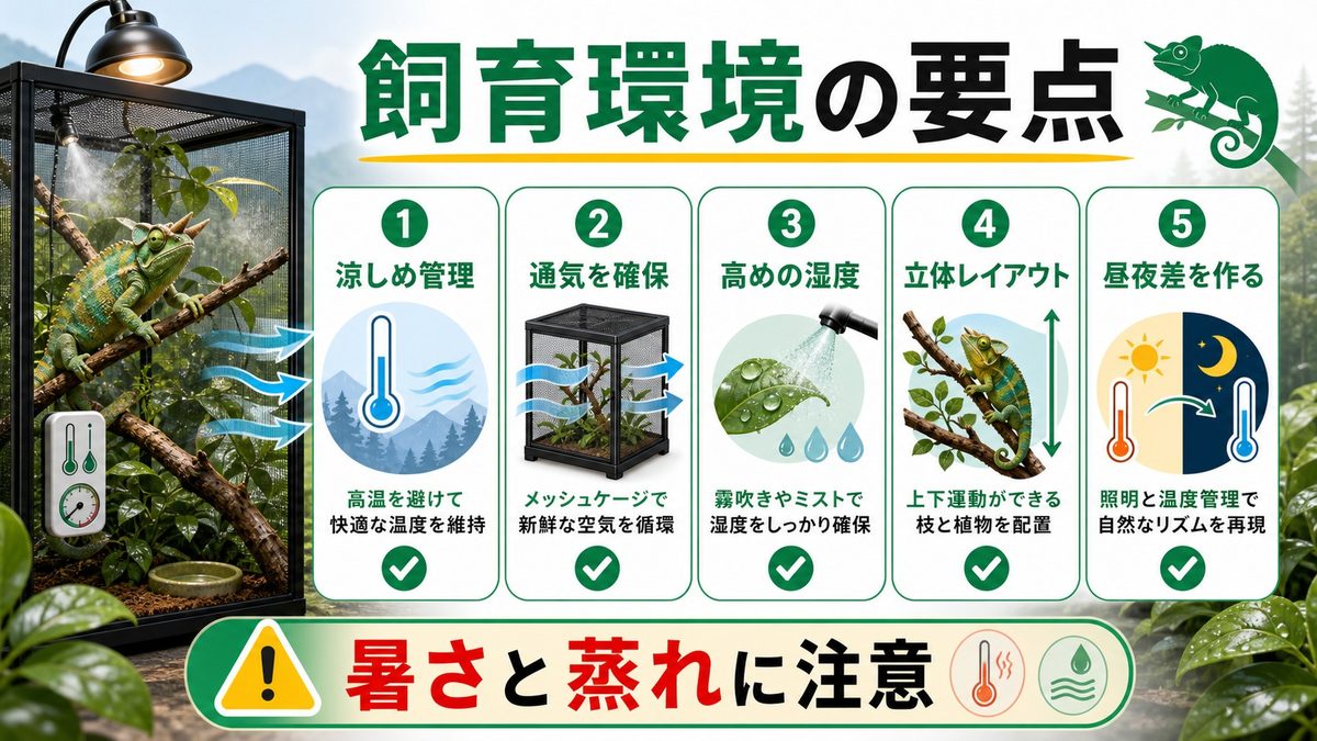 有角種の飼育環境｜「涼しさ」と「通気」が命綱の要点をまとめたカメレオン・爬虫類飼育インフォグラフィック