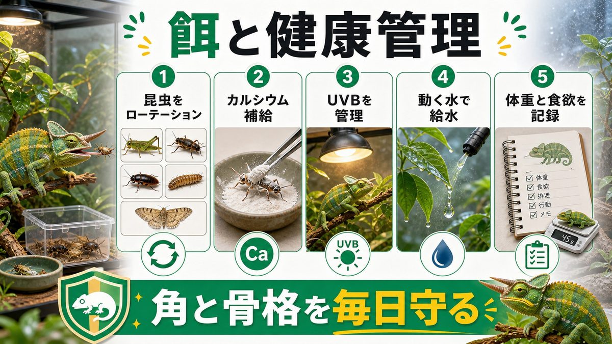 餌・カルシウム・健康管理｜角と骨を支える栄養の要点をまとめたカメレオン・爬虫類飼育インフォグラフィック