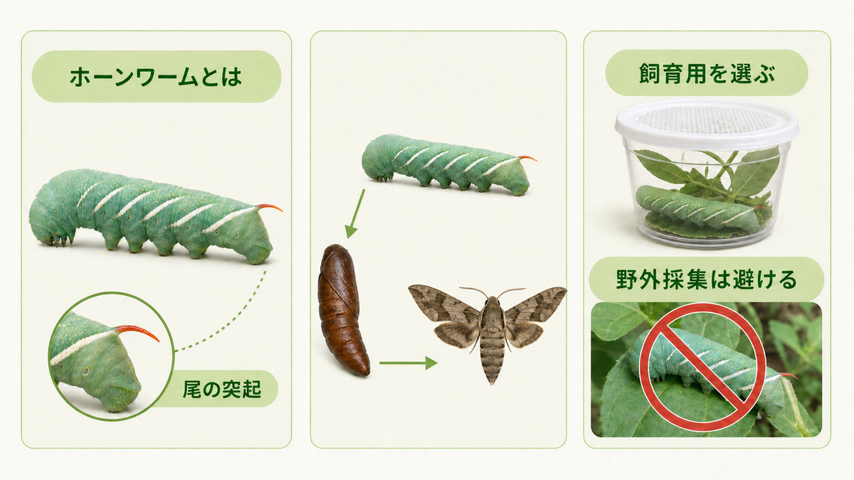 タバコスズメガ幼虫の尾端突起と生活環、飼育用個体を選ぶ理由を示す図