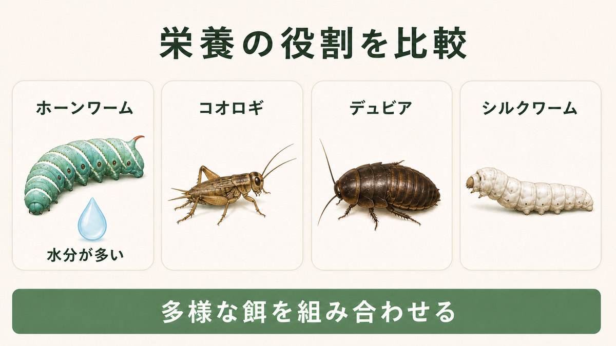 ホーンワーム・コオロギ・デュビア・シルクワームを役割別に比較する図