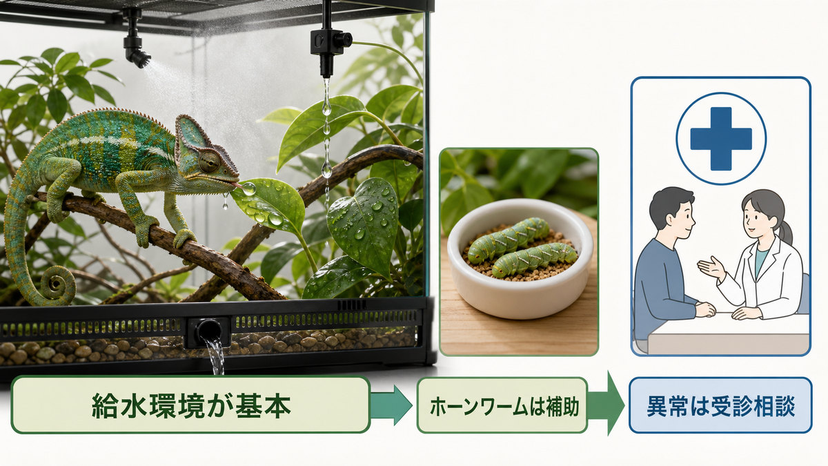 給水環境を基本にホーンワームを補助とし、異常時は受診相談する脱水対策図