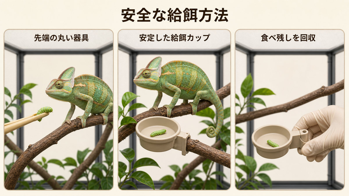 先端の丸い給餌器具と固定カップ、食べ残し回収を示す安全な給餌方法図