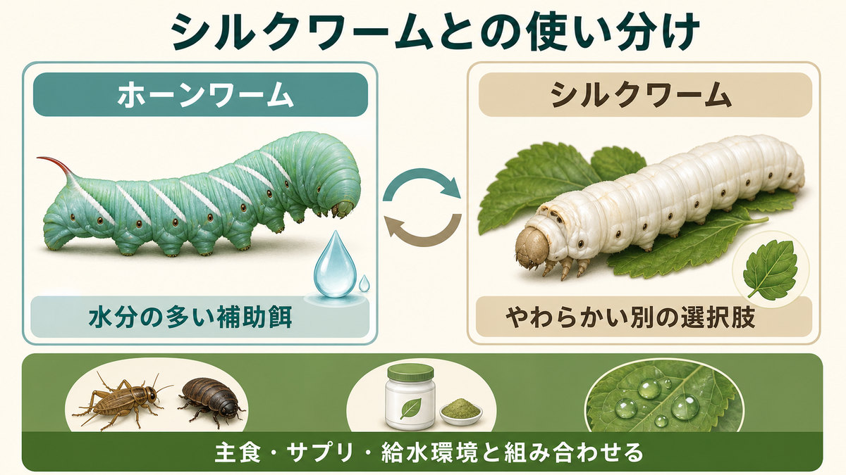 ホーンワームとシルクワームを補助餌の役割で比較し、主食や給水環境と組み合わせる図
